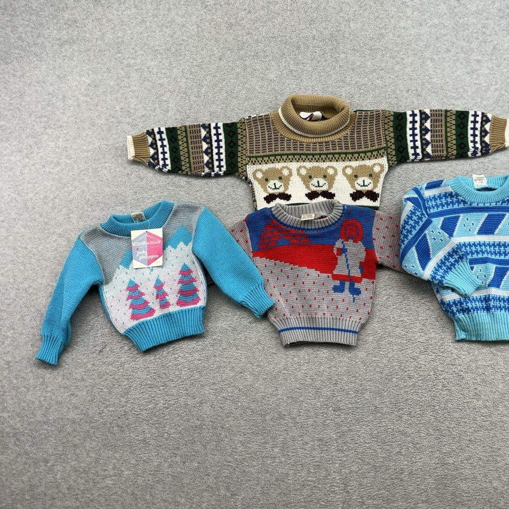 Lot of 4 Bundle Of Baby Infant Sweaters 12M Teddy Ski Funky Knit 80s 90s Vintage